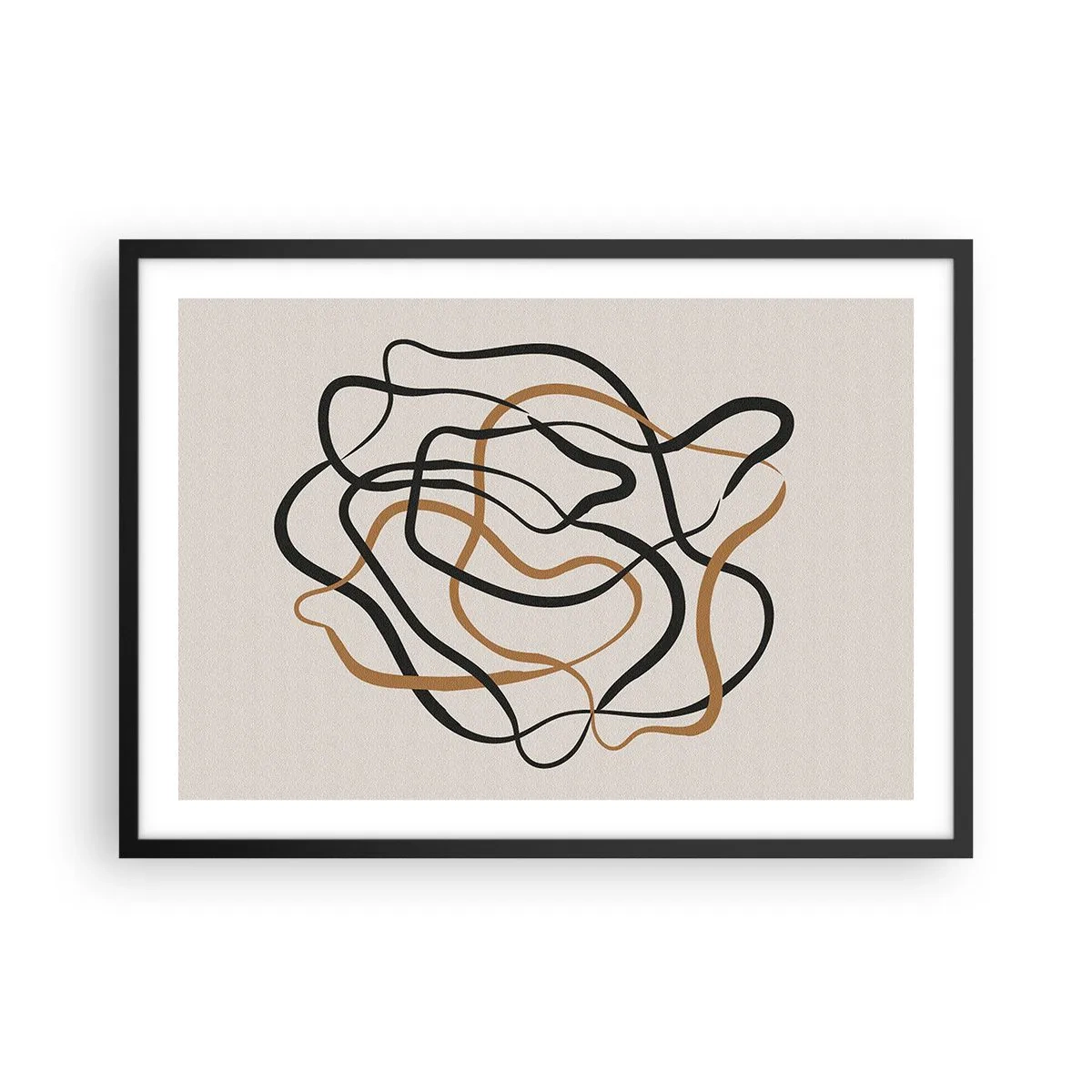 Poster in einem schwarzem Rahmen - Verworrene Linien in Schwarz und Gold auf hellem Hintergrund - 70x50cm - Alles ging schief - Moderne Wanddekoration für Wohnzimmer und Schlafzimmer ARTTOR