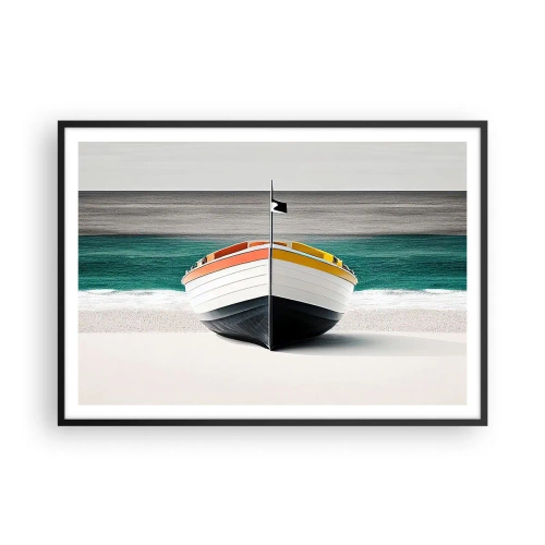 Poster in einem schwarzem Rahmen - Ein Boot am Strand mit türkisfarbenem Meer im Hintergrund - 100x70cm - An seinem Platz - Moderne Wanddekoration für Wohnzimmer und Schlafzimmer ARTTOR