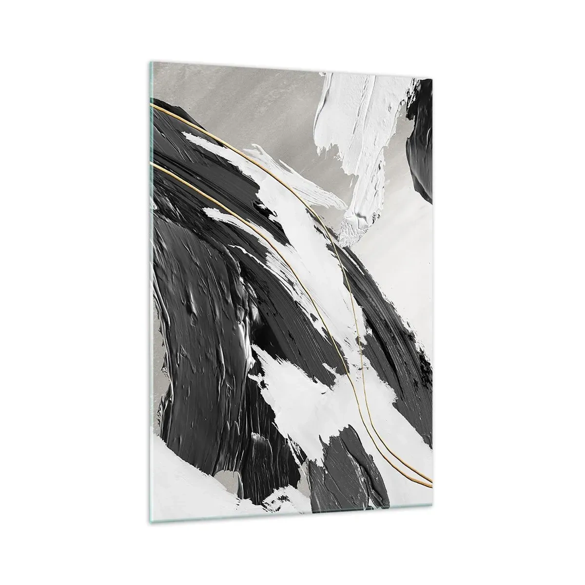 Glasbild - Bild auf glas - Schwarze und weiße Pinselstriche mit einem subtilen goldenen Akzent - 70x100cm - Abstraktion in großem Stil - Moderne Wanddekoration für Wohnzimmer und Schlafzimmer ARTTOR