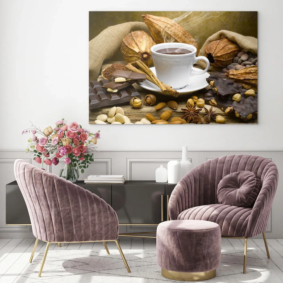 Glasbild - Bild auf glas - Eine Tasse heiße Schokolade, umgeben von Schokolade und Gewürzen - 70x50cm - Für Nervenkitzel-Suchende - Moderne Wanddekoration für Wohnzimmer und Schlafzimmer ARTTOR