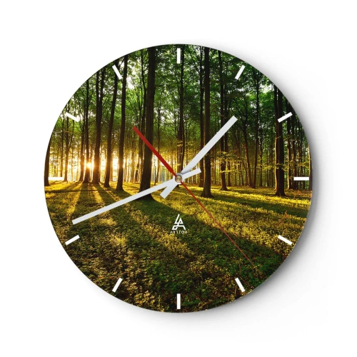 Wanduhr - Glasuhr - Ein Wald mit Sonnenstrahlen, die durch die Bäume scheinen - 30x30cm - Alle Frühlingsfotografie - Moderne Wanddekoration für Wohnzimmer, Küche und Schlafzimmer ARTTOR