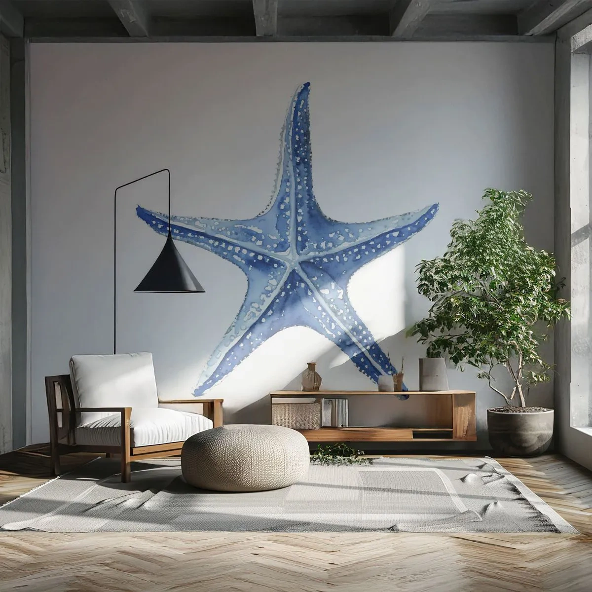 Fototapete Premium Sand - Blauer Seestern auf weißem Hintergrund im Aquarellstil - 100x70cm - Stern des Meeres - Moderne Wanddekoration für Wohnzimmer und Schlafzimmer ARTTOR