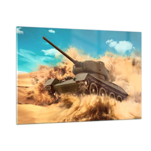 Glasbild - Bild auf glas - Ein Panzer in Bewegung in einer Wüste mit Staubwolken und strahlendem Himmel - 120x80cm - Nicht zu besiegen - Moderne Wanddekoration für Wohnzimmer und Schlafzimmer ARTTOR