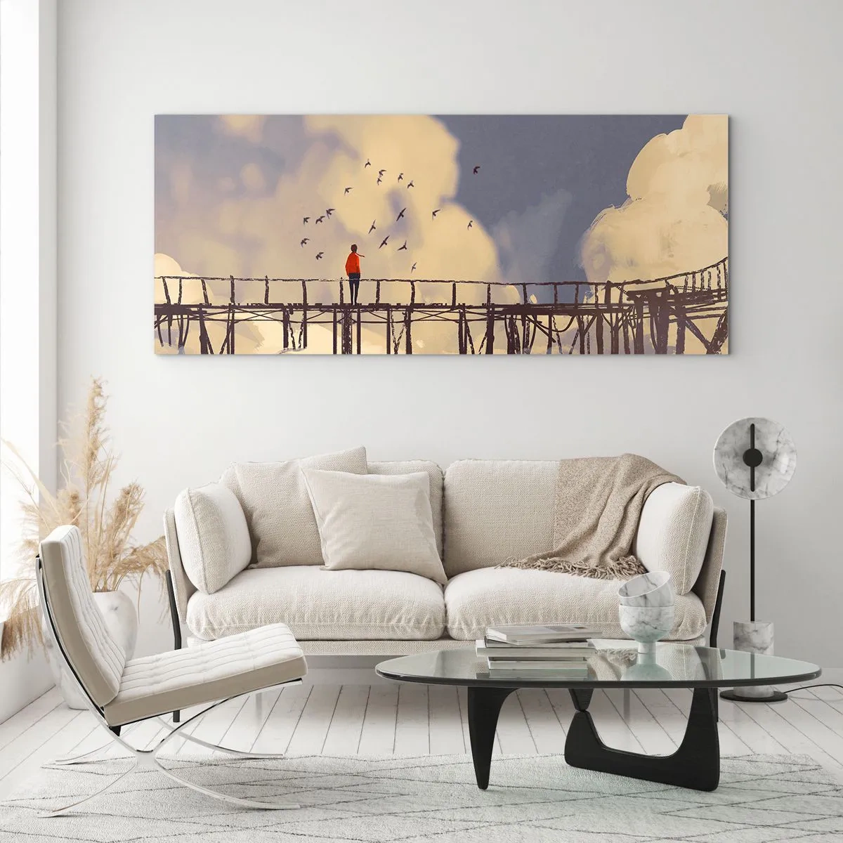 Glasbild - Bild auf glas - Eine Figur auf einer Brücke zwischen Wolken mit Vögeln am Himmel - 120x50cm - Blaue Sehnsucht - Moderne Wanddekoration für Wohnzimmer und Schlafzimmer ARTTOR