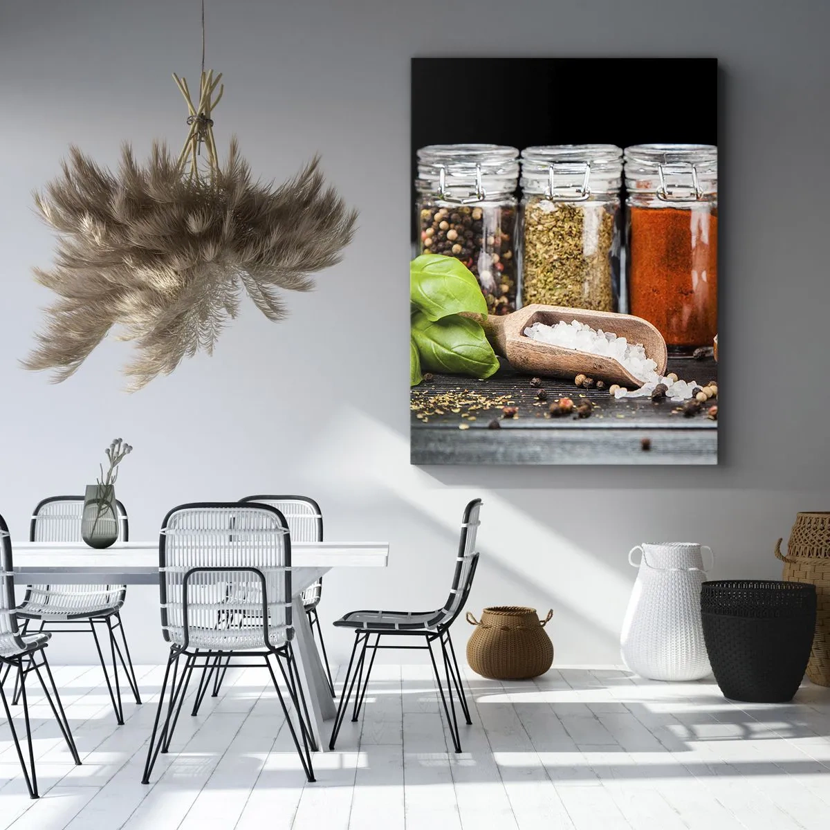 Bild auf Leinwand - Leinwandbild - Kräuter und Gewürze in Gläsern auf dunklem Hintergrund - 50x70cm - Für einen Geschmack des Lebens - Moderne Wanddekoration für Wohnzimmer und Schlafzimmer ARTTOR