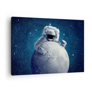 Bild auf Leinwand - Leinwandbild - Astronaut hält den Mond vor einem Sternenhimmel - 70x50cm - Weltraumjoker - Moderne Wanddekoration für Wohnzimmer und Schlafzimmer ARTTOR