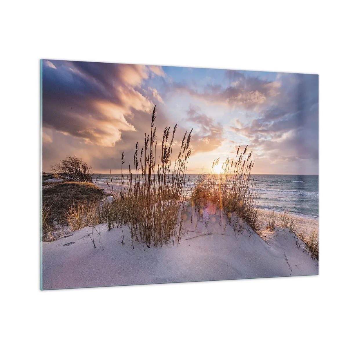 Glasbild - Bild auf glas - Sonnenuntergang über dem Meer durch die Gräser am Meer gesehen - 100x70cm - Abschied von Sonne und Wind - Moderne Wanddekoration für Wohnzimmer und Schlafzimmer ARTTOR