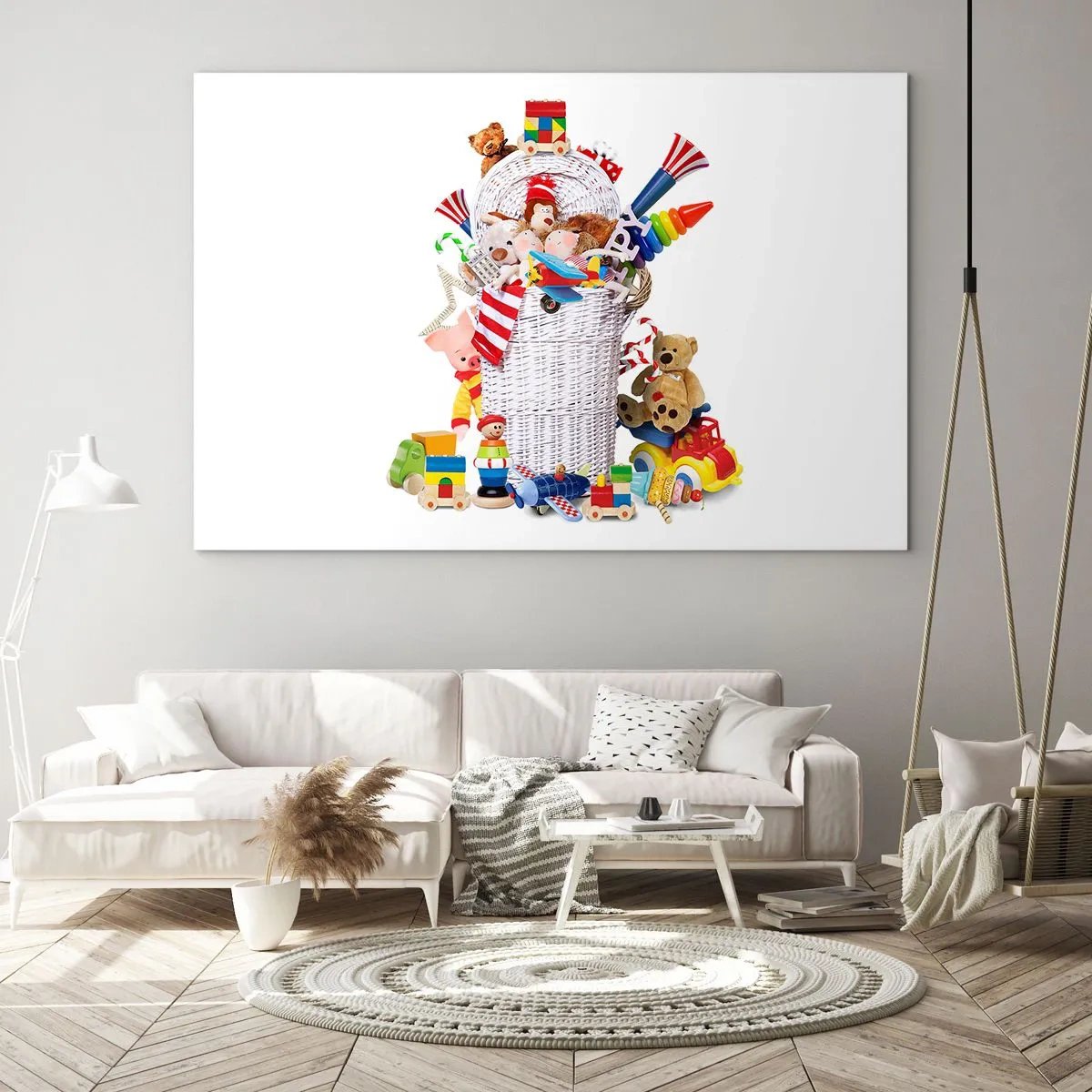 Glasbild - Bild auf glas - Ein Korb voller bunter Spielsachen auf weißem Hintergrund - 120x80cm - Schätze für Kleinkinder - Moderne Wanddekoration für Wohnzimmer und Schlafzimmer ARTTOR