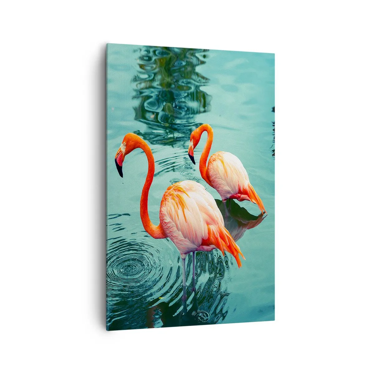 Bild auf Leinwand - Leinwandbild - Zwei Flamingos im ruhigen Wasser spiegeln ihre Umgebung wider - 80x120cm - Wir sind jetzt in Mode - Moderne Wanddekoration für Wohnzimmer und Schlafzimmer ARTTOR