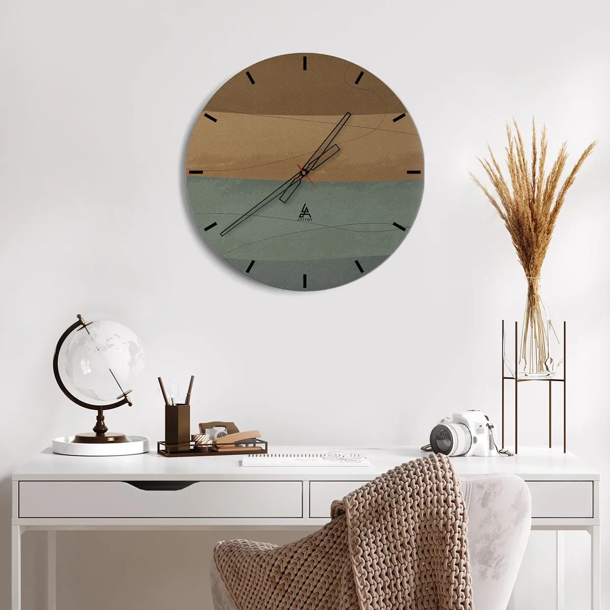 Wanduhr - Glasuhr - Minimalistische Streifen in Braun- und Grüntönen - 30x30cm - Horizontale Komposition - Moderne Wanddekoration für Wohnzimmer, Küche und Schlafzimmer ARTTOR