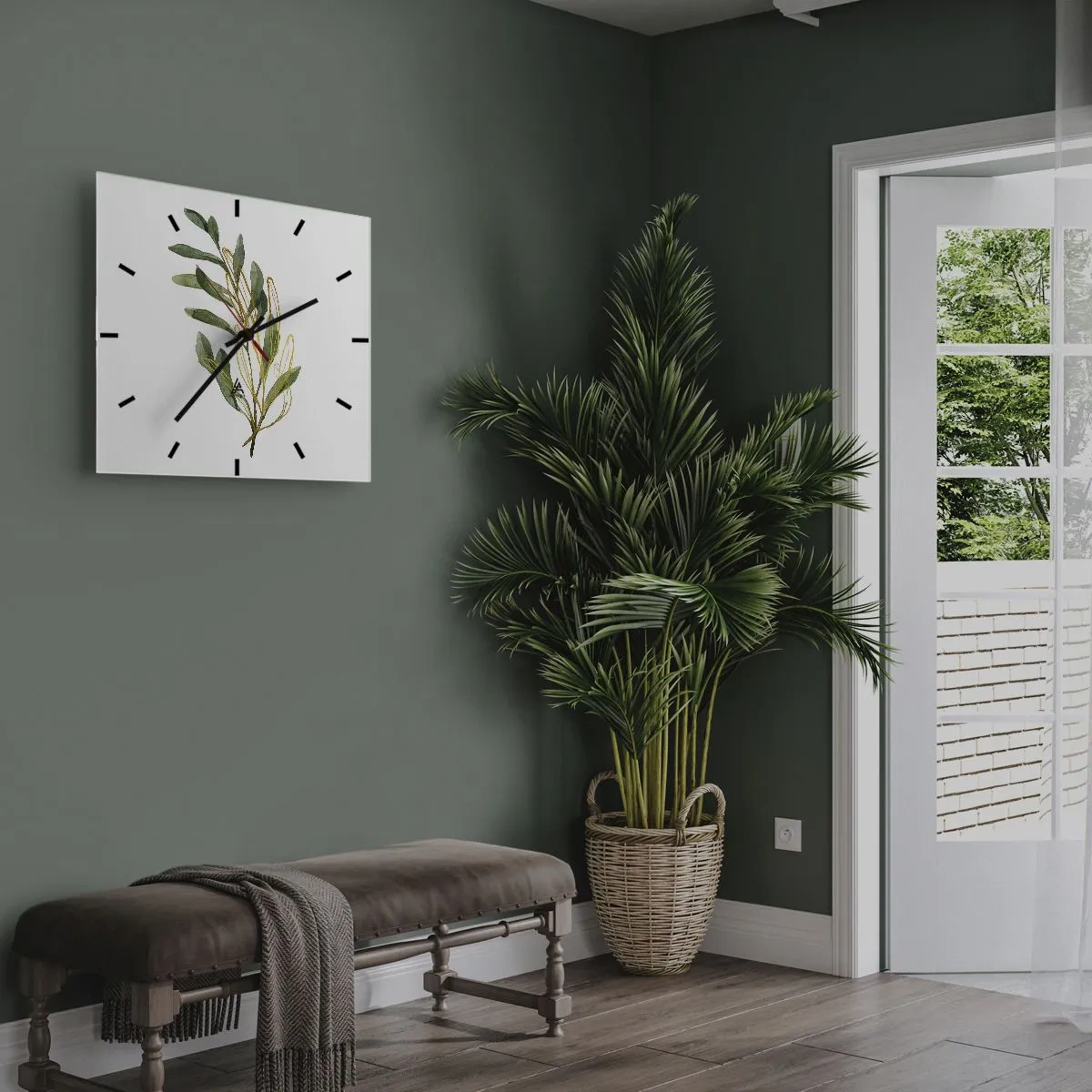 Wanduhr - Glasuhr - Grüner Zweig mit Blättern auf weißem Hintergrund - 30x30cm - Alles was gut ist - Moderne Wanddekoration für Wohnzimmer und Schlafzimmer ARTTOR