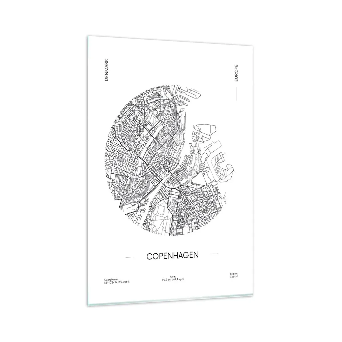 Glasbild - Bild auf glas - Eine Karte von Kopenhagen im minimalistischen Schwarz-Weiß-Stil. - 80x120cm - Anatomie von Kopenhagen - Moderne Wanddekoration für Wohnzimmer und Schlafzimmer ARTTOR