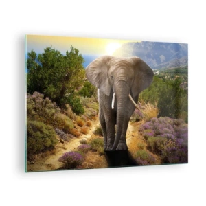 Glasbild - Bild auf glas - Ein Elefant vor einer Berglandschaft bei Sonnenuntergang - 70x50cm - So sah Eden aus - Moderne Wanddekoration für Wohnzimmer und Schlafzimmer ARTTOR