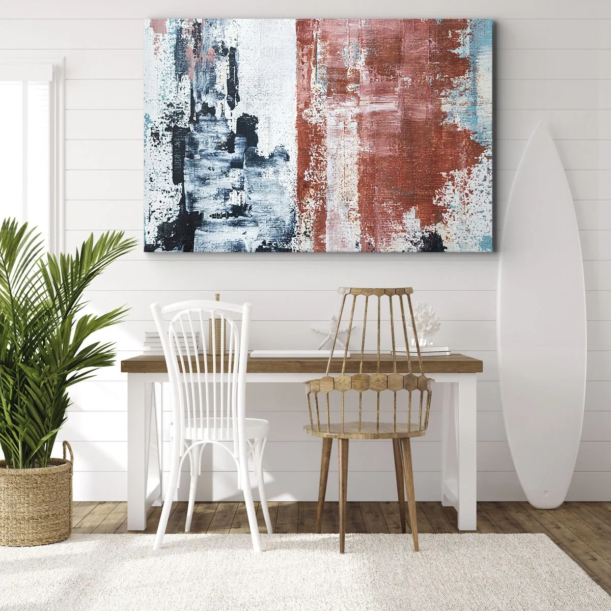 Bild auf Leinwand - Leinwandbild - Abstraktion in Weiß-, Blau- und Ziegelfarben - 120x80cm - Fünfzig-Fünfzig abstrakt - Moderne Wanddekoration für Wohnzimmer und Schlafzimmer ARTTOR