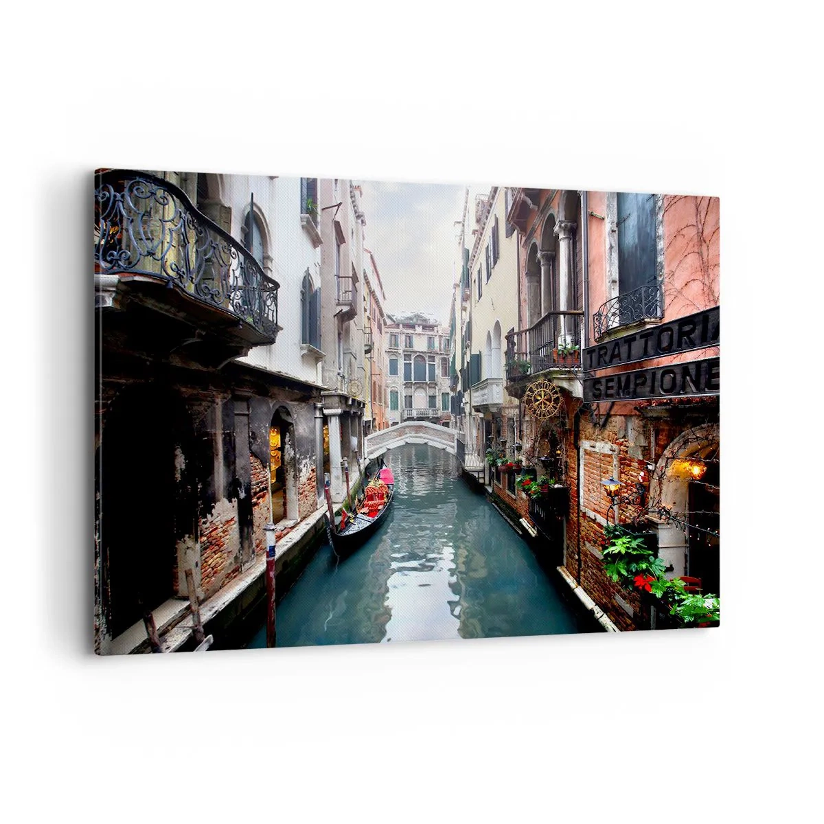 Bild auf Leinwand - Leinwandbild - Ein Kanal in Venedig mit einer Gondel und historischen Gebäuden - 100x70cm - Venezianische Landschaft mit Gondel und Brücke - Moderne Wanddekoration für Wohnzimmer und Schlafzimmer ARTTOR