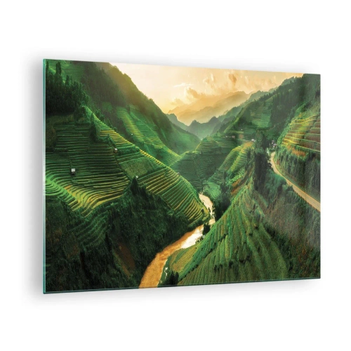 Glasbild - Bild auf glas - Malerische Reisterrassen im Tal bei Sonnenuntergang - 70x50cm - Vietnamesisches Tal - Moderne Wanddekoration für Wohnzimmer und Schlafzimmer ARTTOR
