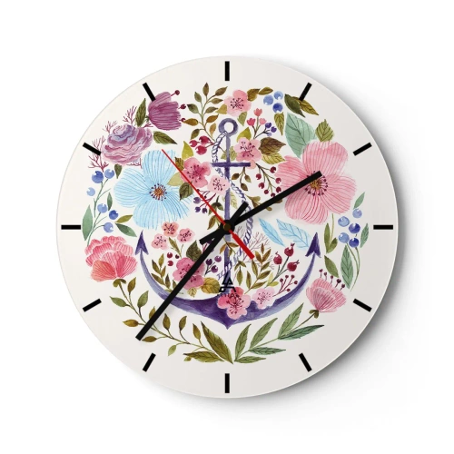 Wanduhr - Glasuhr - Ein lila Anker, umgeben von bunten Blumen - 30x30cm - Guter Traum eines Seemanns - Moderne Wanddekoration für Wohnzimmer, Küche und Schlafzimmer ARTTOR