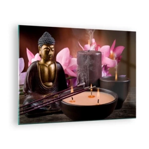 Glasbild - Bild auf glas - Entspannungskomposition mit Buddha, Kerzen und Blumen - 70x50cm - Den Geist frei machen, den Körper beruhigen - Moderne Wanddekoration für Wohnzimmer und Schlafzimmer ARTTOR