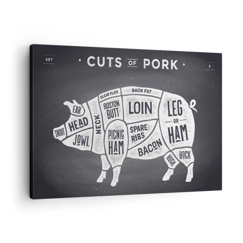 Bild auf Leinwand - Leinwandbild - Diagramm von Schweinefleischstücken auf schwarzem Hintergrund - 70x50cm - Metzger Grundierung - Moderne Wanddekoration für Wohnzimmer und Schlafzimmer ARTTOR