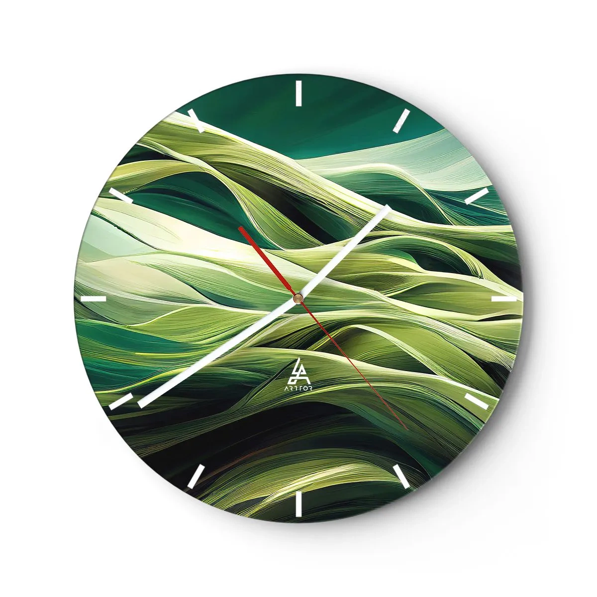 Wanduhr - Glasuhr - Grüne Wellen in einer abstrakten, dynamischen Komposition - 30x30cm - Abstraktes grünes Spiel - Moderne Wanddekoration für Wohnzimmer, Küche und Schlafzimmer ARTTOR