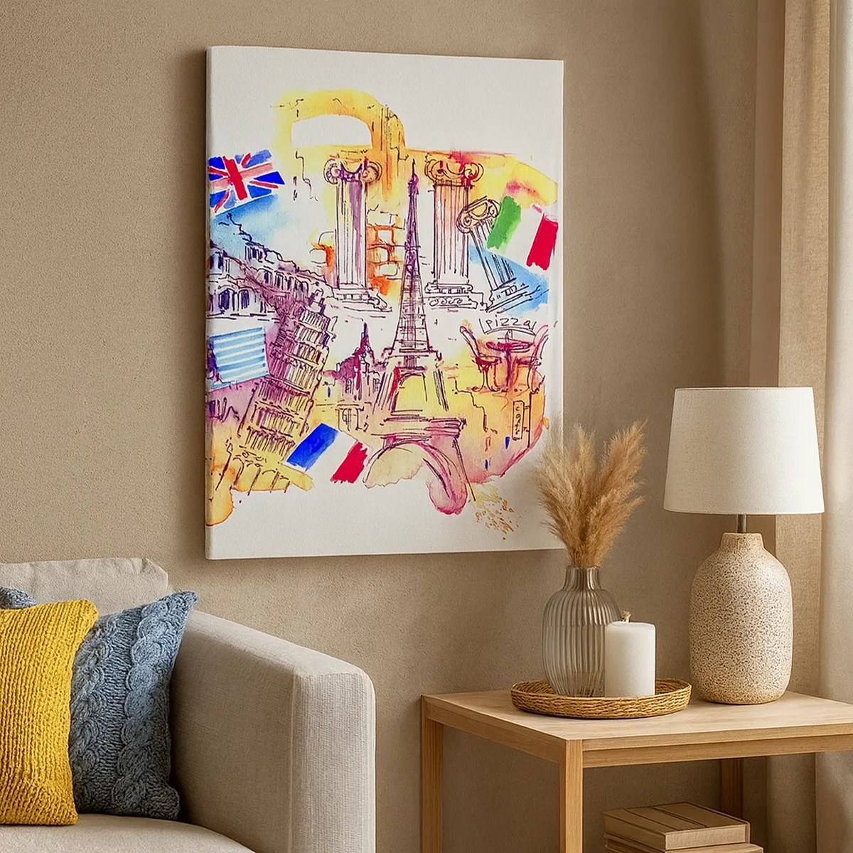 Bild auf Leinwand - Leinwandbild - Aquarell europäischer Symbole mit Länderflaggen - 50x70cm - Europa Tour - Moderne Wanddekoration für Wohnzimmer und Schlafzimmer ARTTOR