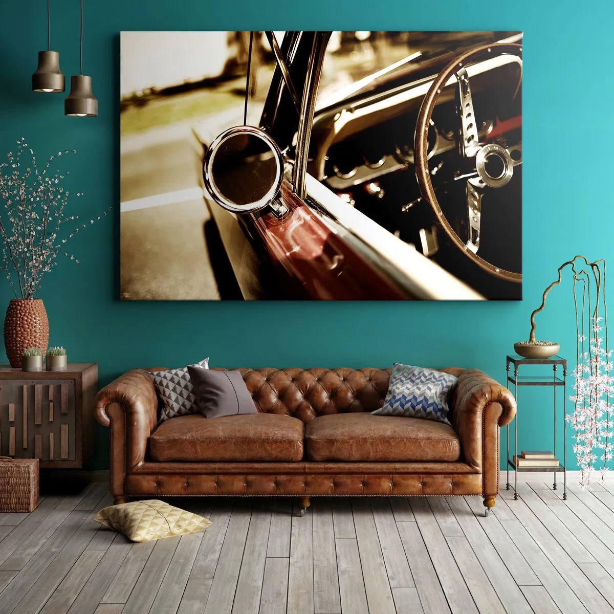 Bild auf Leinwand - Leinwandbild - Nahaufnahme des Spiegels und des Innenraums eines klassischen Retro-Autos - 120x80cm - Ein Auto mit Seele - Moderne Wanddekoration für Wohnzimmer und Schlafzimmer ARTTOR