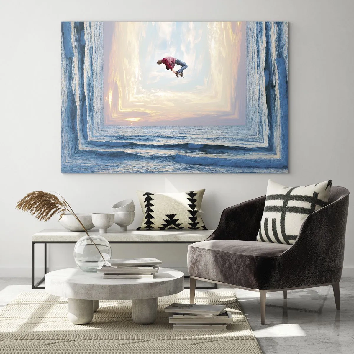 Glasbild - Bild auf glas - Ein Mann springt über das Meer in einem surrealistischen Rahmen - 120x80cm - In eine andere Dimension - Moderne Wanddekoration für Wohnzimmer und Schlafzimmer ARTTOR