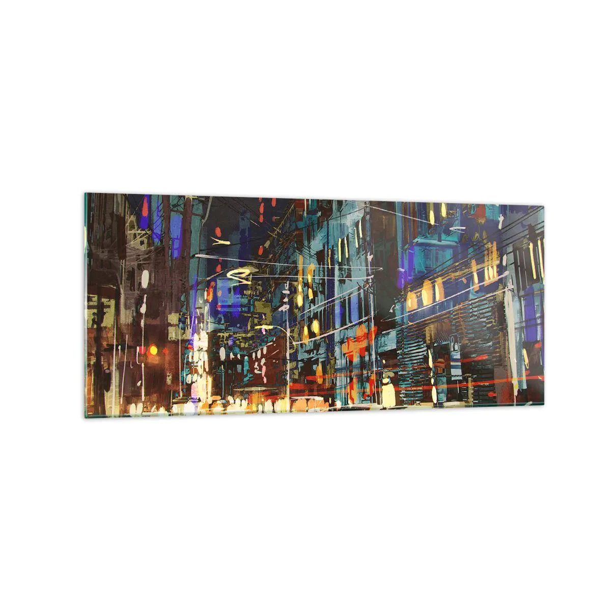 Glasbild - Bild auf glas - Stadtnachtszene mit Neonlichtern - 120x50cm - Abendlicher Straßentrubel - Moderne Wanddekoration für Wohnzimmer und Schlafzimmer ARTTOR