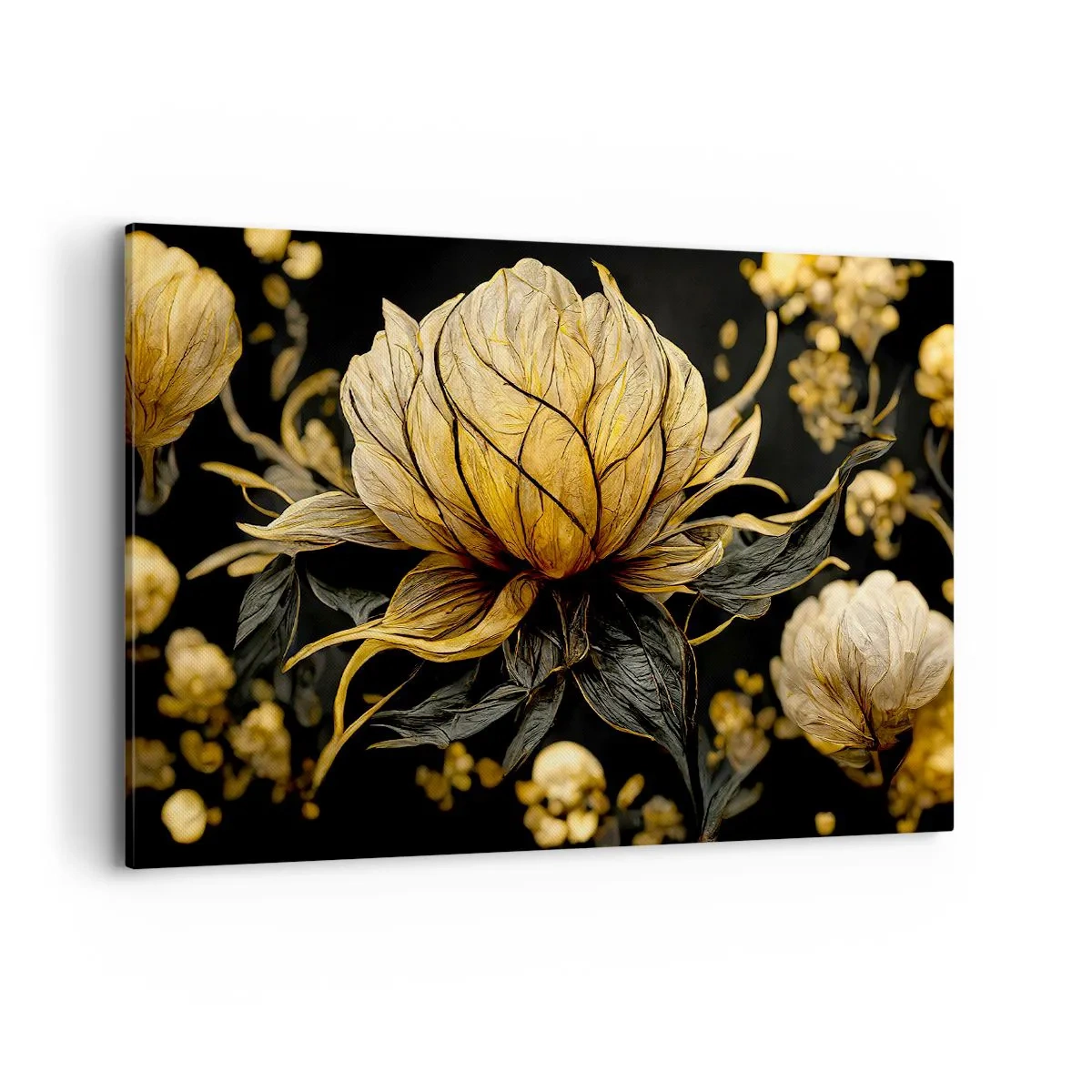 Bild auf Leinwand - Leinwandbild - Goldene Blume auf dunklem Hintergrund - 120x80cm - Subtile Zerbrechlichkeit - Moderne Wanddekoration für Wohnzimmer und Schlafzimmer ARTTOR
