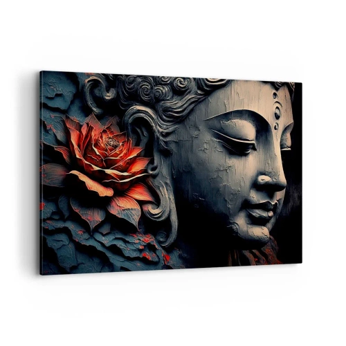 Bild auf Leinwand - Leinwandbild - Buddha-Skulptur mit einer roten Lotusblüte - 100x70cm - Im Einklang mit der Welt - Moderne Wanddekoration für Wohnzimmer und Schlafzimmer ARTTOR