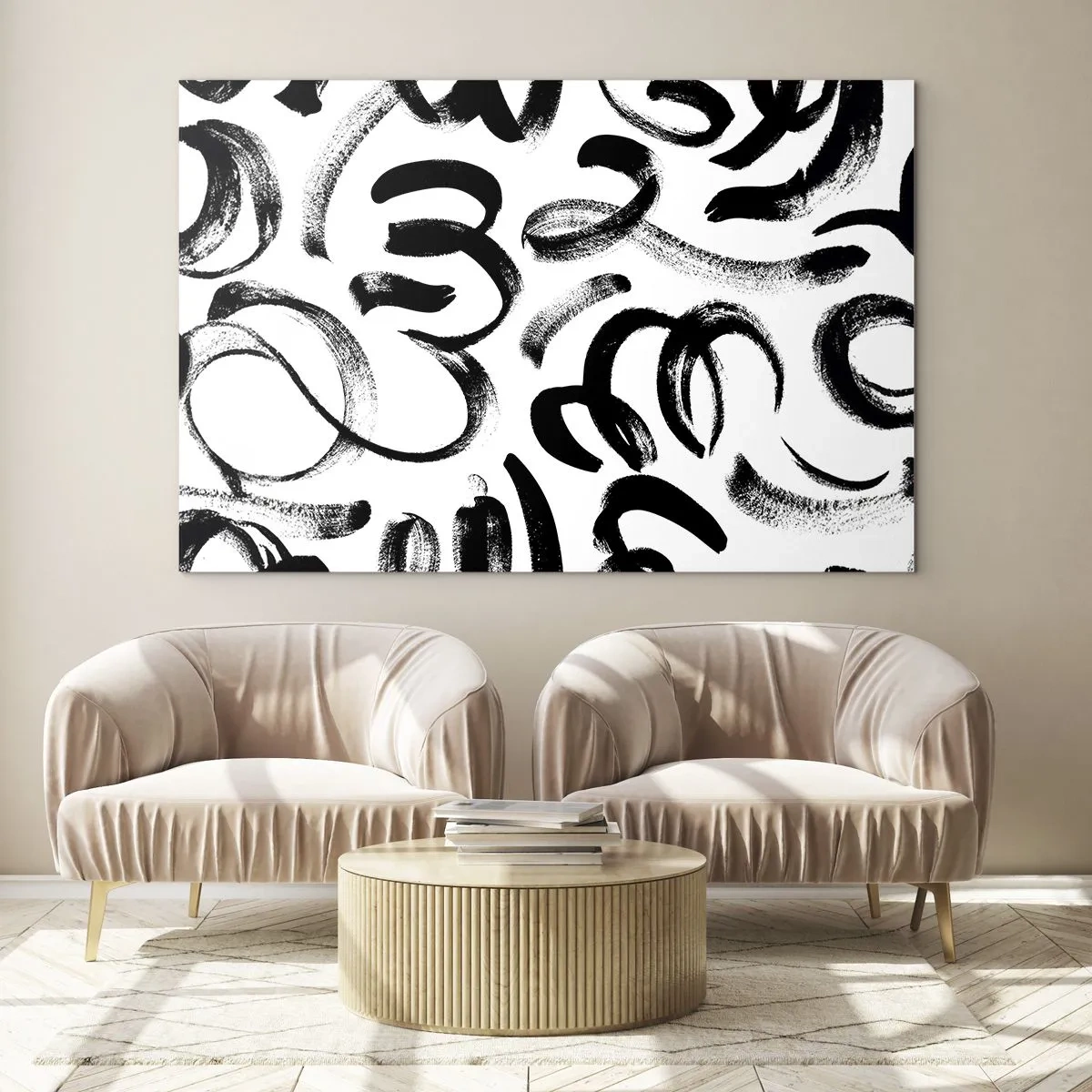 Glasbild - Bild auf glas - Schwarz-weiße abstrakte Pinselstriche - 70x50cm - Schwarz auf Weiß - Moderne Wanddekoration für Wohnzimmer und Schlafzimmer ARTTOR