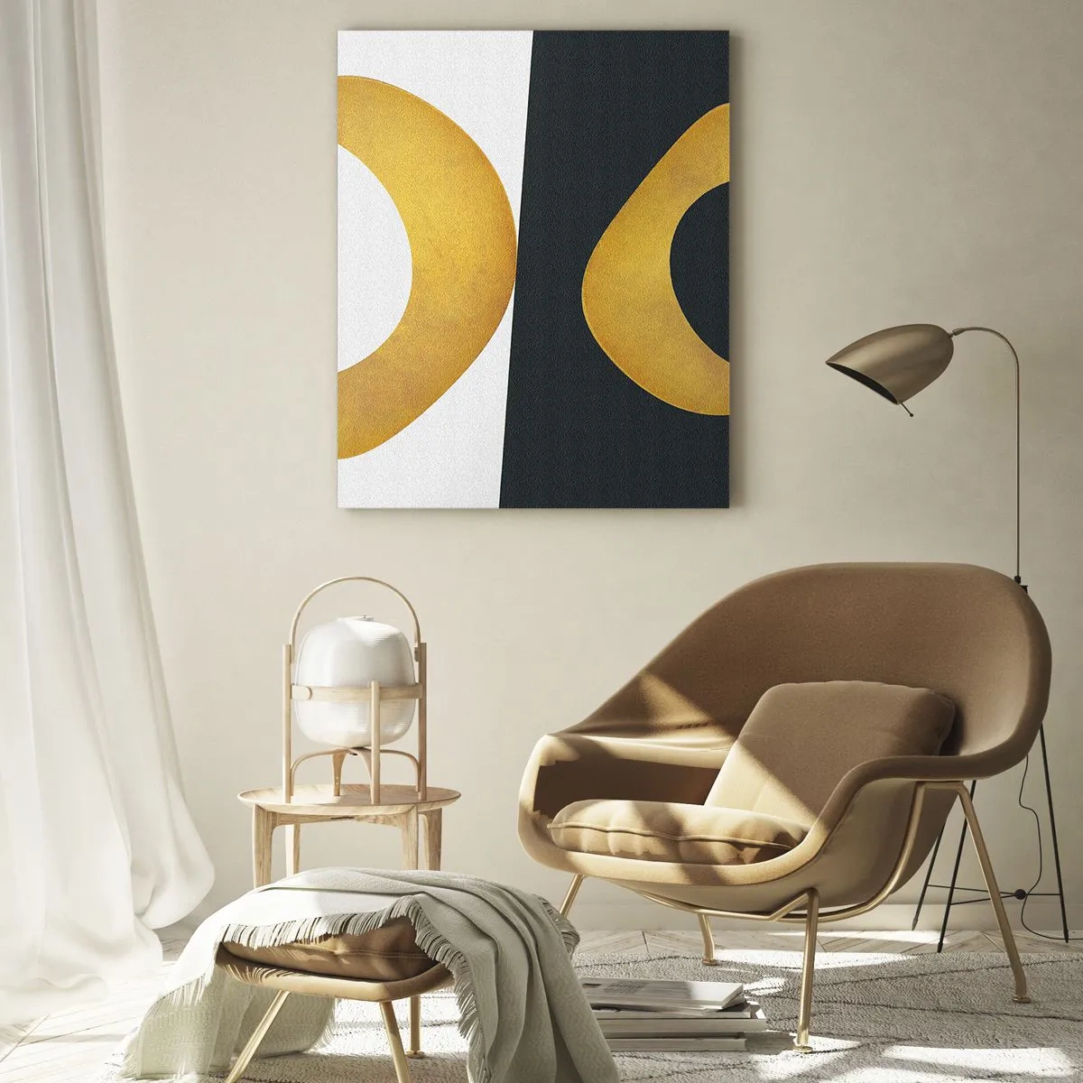 Glasbild - Bild auf glas - Goldene geometrische Formen auf weißem und schwarzem Hintergrund - 50x70cm - Erstens: Gold - Moderne Wanddekoration für Wohnzimmer und Schlafzimmer ARTTOR