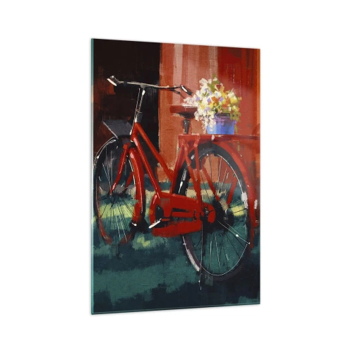 Glasbild - Bild auf glas - Ein rotes Fahrrad mit Blumen vor einer orangefarbenen Wand - 70x100cm - Ich möchte mit meinem Fahrrad fahren - Moderne Wanddekoration für Wohnzimmer und Schlafzimmer ARTTOR
