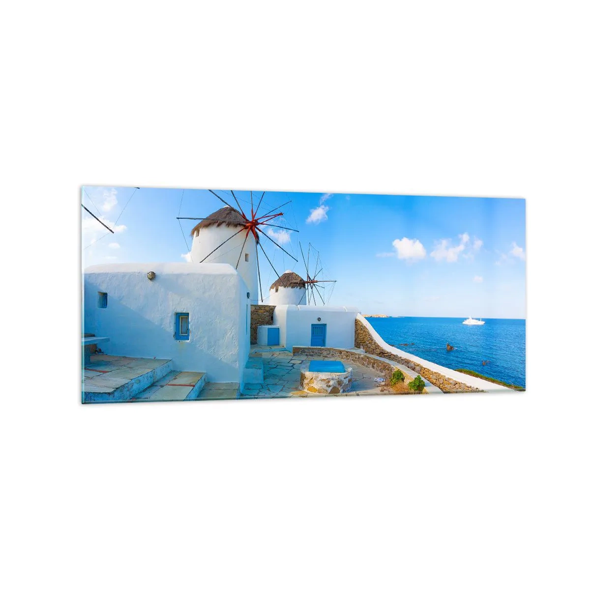 Glasbild - Bild auf glas - Weiße Windmühlen an den Ufern des blauen Meeres - 120x50cm - Der blaue Wind vom Meer - Moderne Wanddekoration für Wohnzimmer und Schlafzimmer ARTTOR