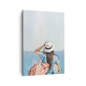 Bild auf Leinwand - Leinwandbild - Eine Frau mit Hut vor dem blauen Meer - 50x70cm - Willkommen in den Sommerferien - Moderne Wanddekoration für Wohnzimmer und Schlafzimmer ARTTOR
