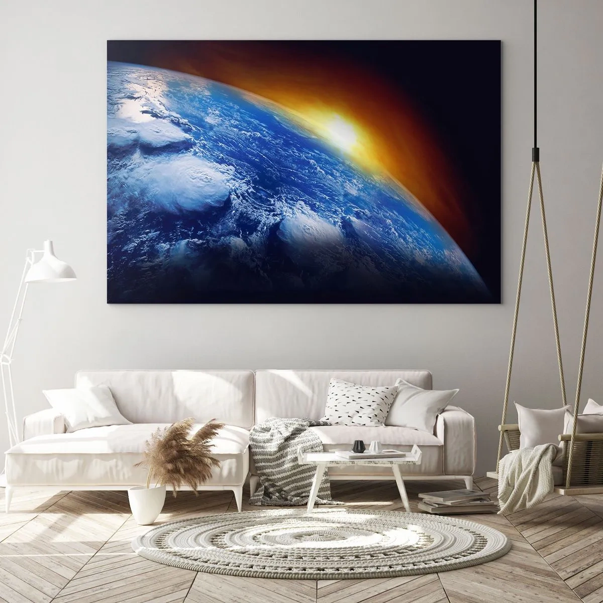 Glasbild - Bild auf glas - Erde im Weltraum, beleuchtet von den Sonnenstrahlen - 70x50cm - Sonnenaufgang über dem blauen Planeten - Moderne Wanddekoration für Wohnzimmer und Schlafzimmer ARTTOR