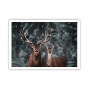 Poster - Hirsche im verschneiten Winterwald - 100x70cm - Herr des Waldes mit seiner Frau - Moderne Wanddekoration für Wohnzimmer und Schlafzimmer ARTTOR