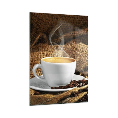 Glasbild - Bild auf glas - Eine Tasse Kaffee mit Bohnen auf einem Jute-Hintergrund - 50x70cm - Der Geruch von Mokka und die Dicke der Honigflüssigkeit - Moderne Wanddekoration für Wohnzimmer und Schlafzimmer ARTTOR