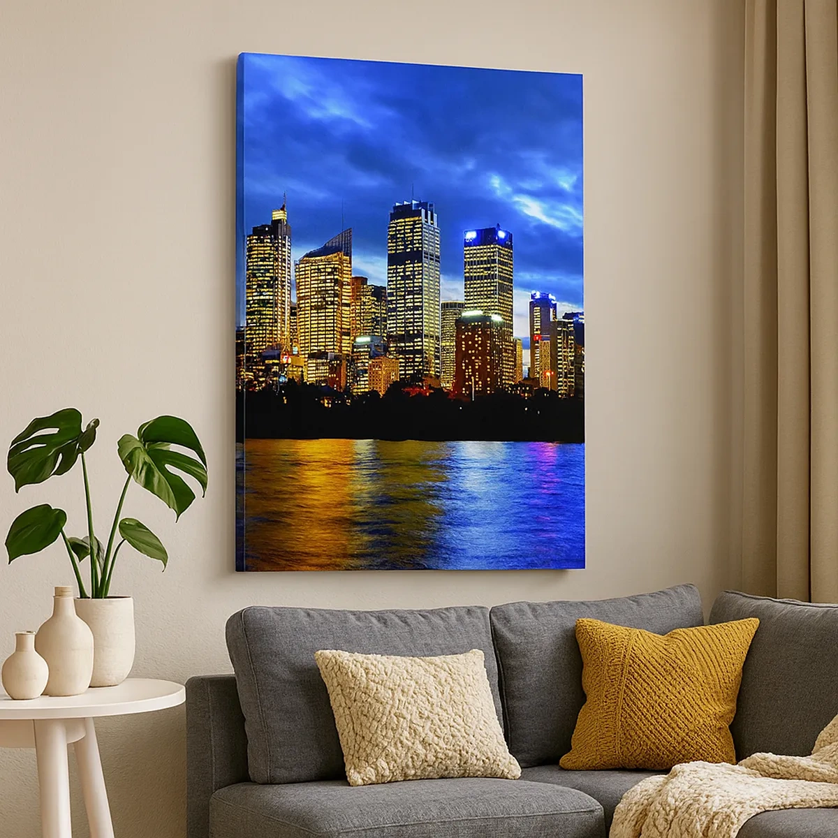 Bild auf Leinwand - Leinwandbild - Panorama der nächtlichen Stadt mit beleuchteten Wolkenkratzern über dem Wasser - 50x70cm - Eine Nacht der Lichter und Farben - Moderne Wanddekoration für Wohnzimmer und Schlafzimmer ARTTOR