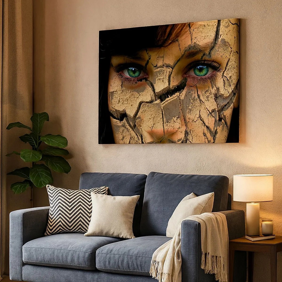 Bild auf Leinwand - Leinwandbild - Das Gesicht einer Frau mit grünen Augen, bedeckt mit einer rissigen Erdstruktur - 70x50cm - Freude und Grauen zugleich - Moderne Wanddekoration für Wohnzimmer und Schlafzimmer ARTTOR