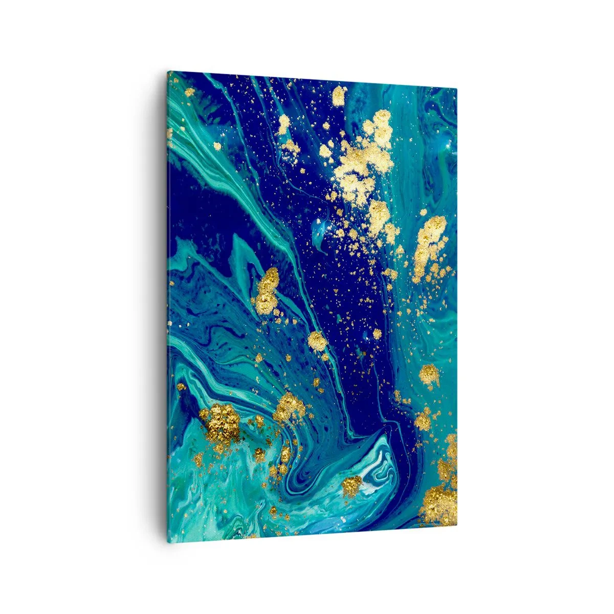 Bild auf Leinwand - Leinwandbild - Eine abstrakte Komposition mit blauen, grünen und goldenen Akzenten. - 70x100cm - Die Blütenblätter der Sonne - Moderne Wanddekoration für Wohnzimmer und Schlafzimmer ARTTOR