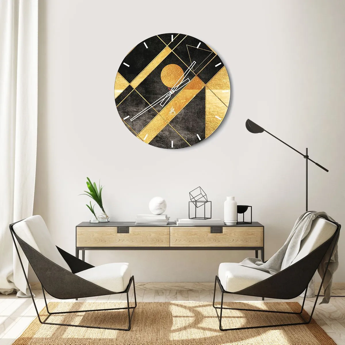 Wanduhr - Glasuhr - Goldene geometrische Formen auf schwarzem Hintergrund mit Sonnenmotiv - 30x30cm - Die Sonne der Wüste - Moderne Wanddekoration für Wohnzimmer, Küche und Schlafzimmer ARTTOR