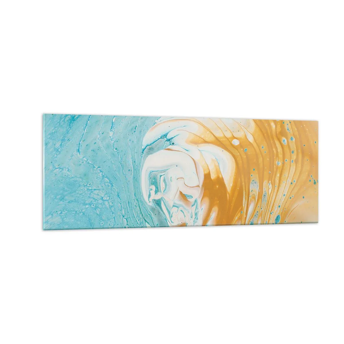Glasbild - Bild auf glas - Abstrakte Wellen in Blau- und Goldtönen auf Leinwand - 140x50cm - Pastellwirbel - Moderne Wanddekoration für Wohnzimmer und Schlafzimmer ARTTOR