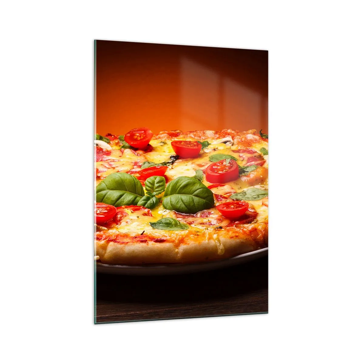 Glasbild - Bild auf glas - Pizza mit Tomaten und Basilikum auf einem Holztisch - 70x100cm - Mamma Mia! - Moderne Wanddekoration für Wohnzimmer und Schlafzimmer ARTTOR
