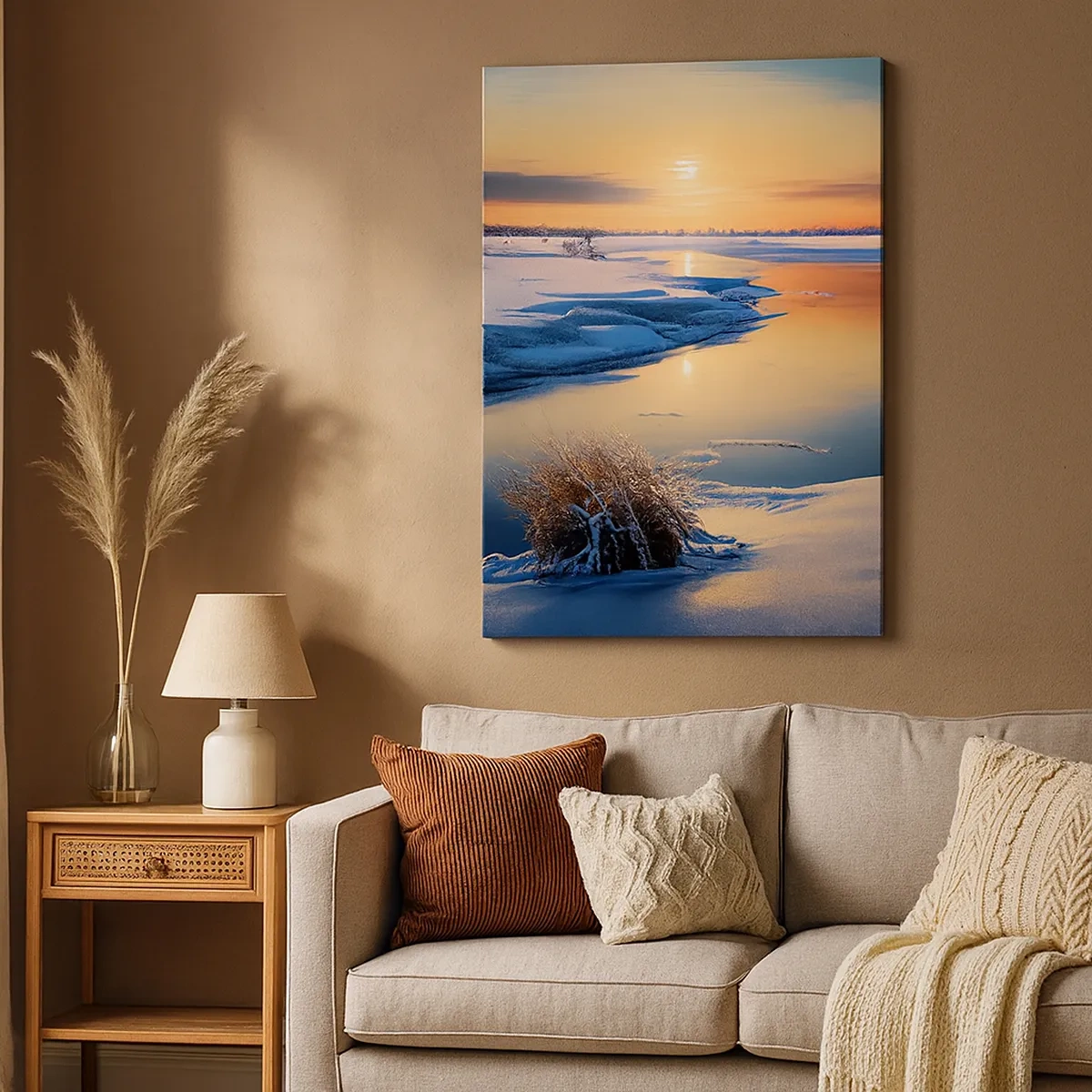 Bild auf Leinwand - Leinwandbild - Winterlandschaft mit einem Fluss bei Sonnenuntergang - 50x70cm - Wintersonnenuntergang - Moderne Wanddekoration für Wohnzimmer und Schlafzimmer ARTTOR
