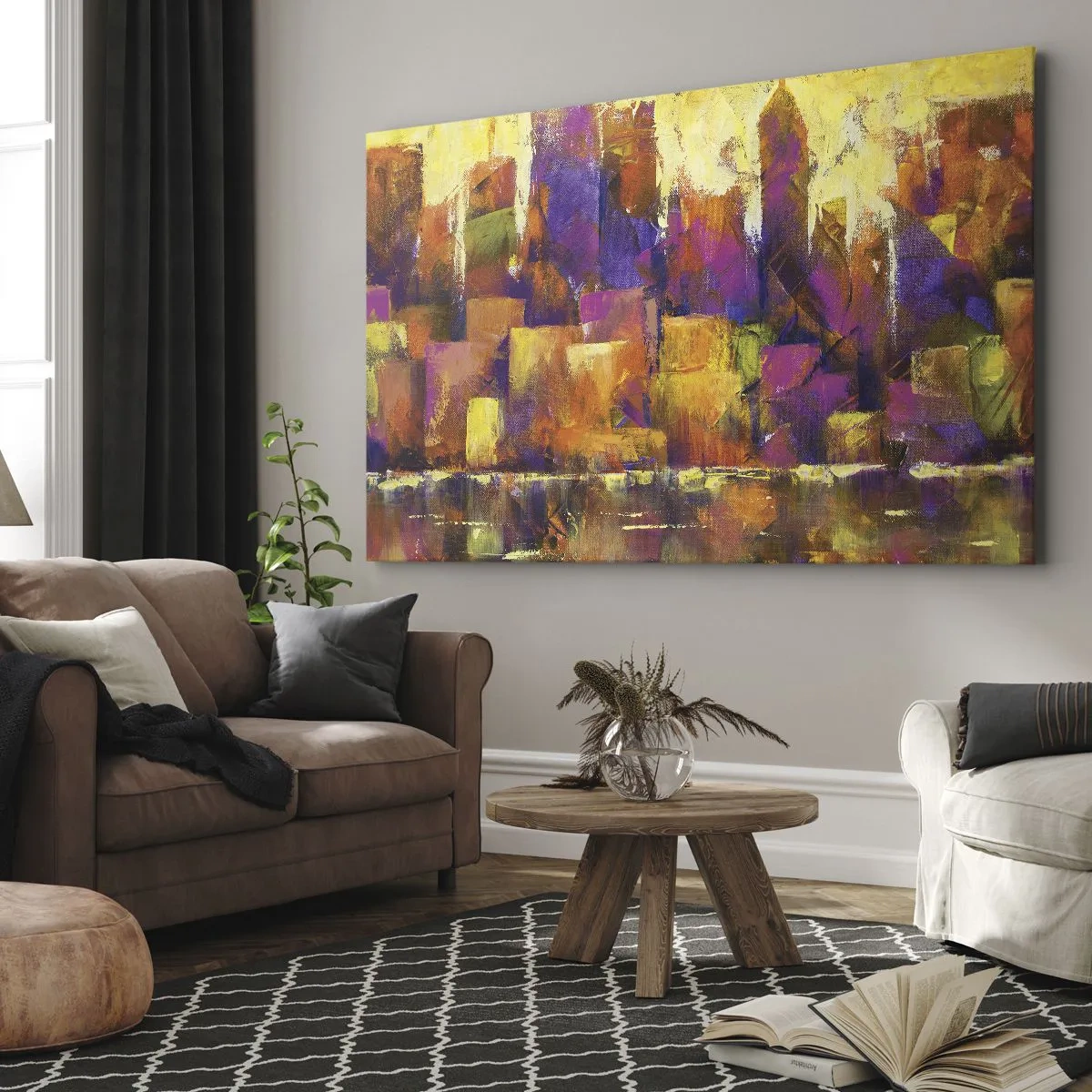 Bild auf Leinwand - Leinwandbild - Abstrakte Komposition einer Metropole in Gelb- und Lilatönen - 100x70cm - Metropolitische Komposition - Moderne Wanddekoration für Wohnzimmer und Schlafzimmer ARTTOR