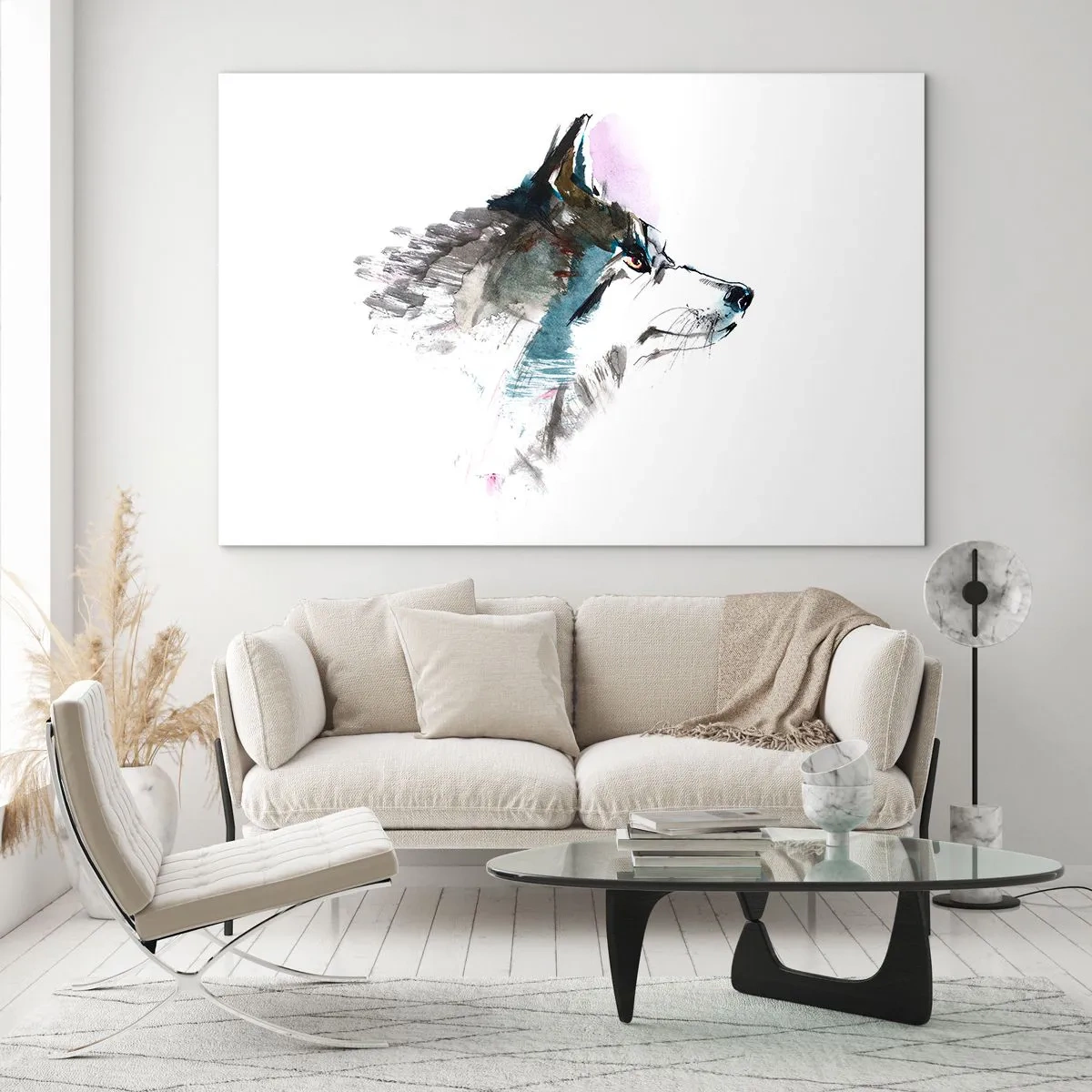 Glasbild - Bild auf glas - Wolf im künstlerischen Aquarellstil auf weißem Hintergrund - 100x70cm - Vom Teufel sprechen - Moderne Wanddekoration für Wohnzimmer und Schlafzimmer ARTTOR