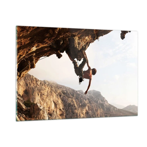 Glasbild - Bild auf glas - Klettern an einem senkrechten Felsen in einer Berglandschaft - 120x80cm - Die Welt ist in einer Hand auf einem Felsblock geschrumpft - Moderne Wanddekoration für Wohnzimmer und Schlafzimmer ARTTOR