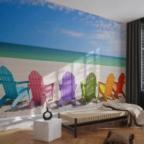 Selbstklebende Fototapete Deluxe Sticker - Regenbogenstrand - Landschaft, Strand, Liegestühle - 100x70 cm