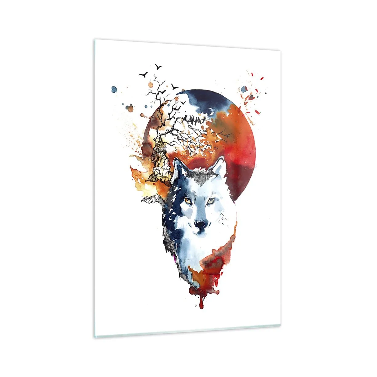 Glasbild - Bild auf glas - Illustration eines Wolfes mit einem Vollmond im Hintergrund - 50x70cm - Nase an Nase mit der Nacht - Moderne Wanddekoration für Wohnzimmer und Schlafzimmer ARTTOR